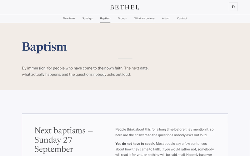 The “Baptism” page of the Bethel template