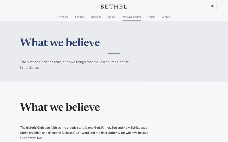 The “What we believe” page of the Bethel template