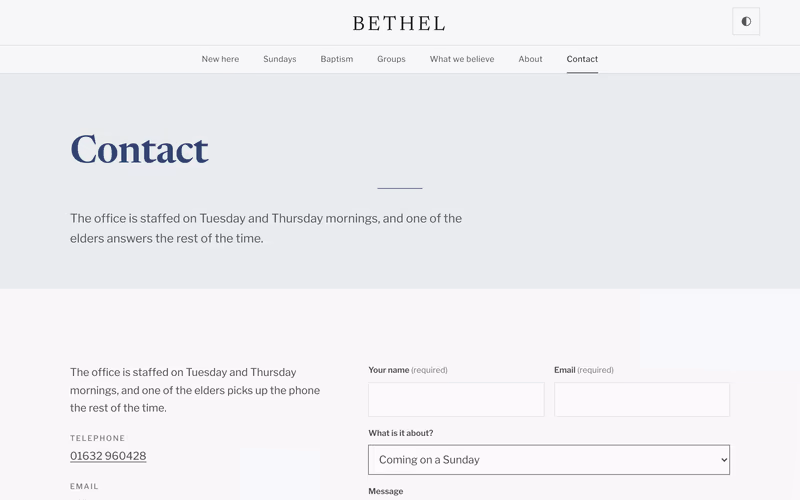 The “Contact” page of the Bethel template
