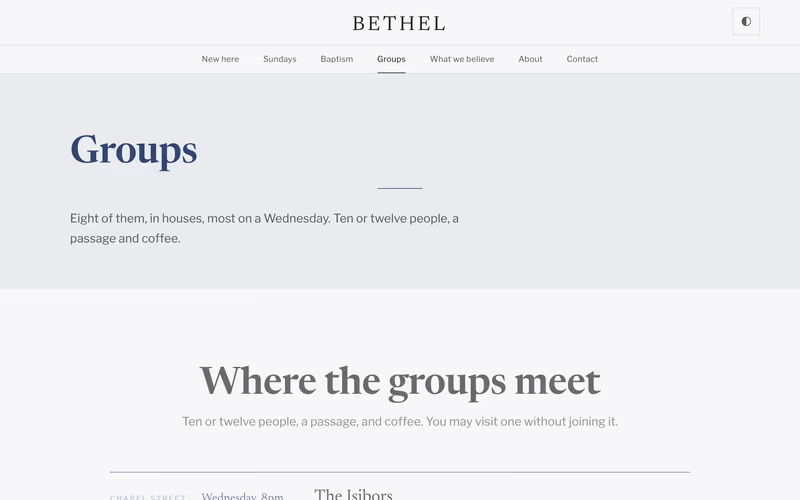 The “Groups” page of the Bethel template