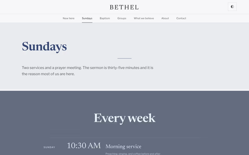 The “Sundays” page of the Bethel template