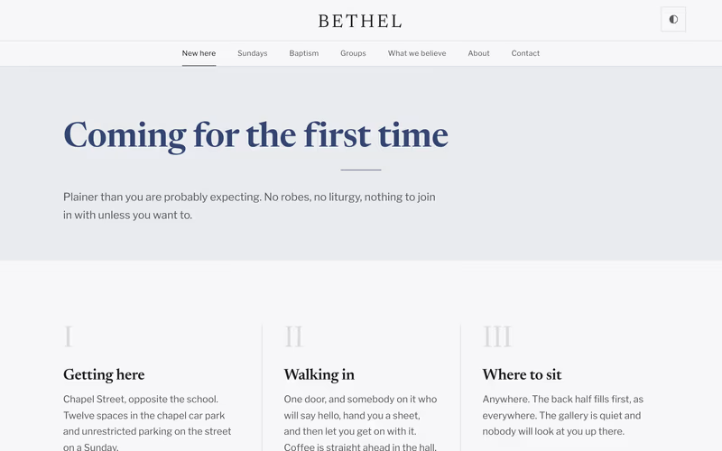 The “New here” page of the Bethel template