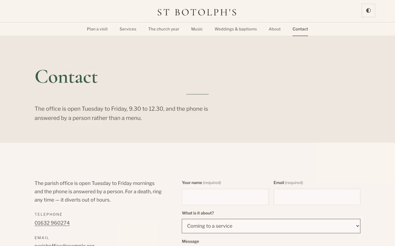 The “Contact” page of the Canterbury template