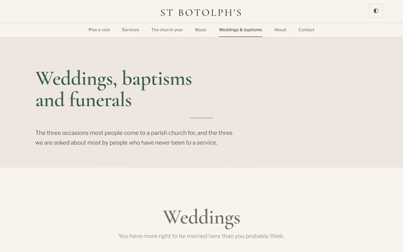 The “Weddings, baptisms and funerals” page of the Canterbury template