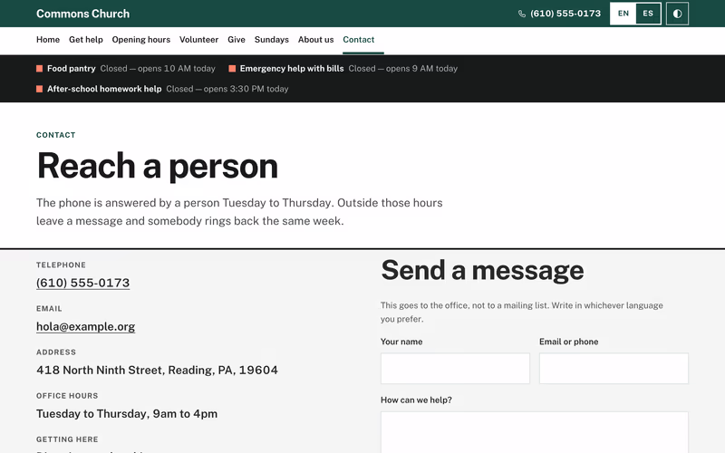 The “Contact” page of the Commons template