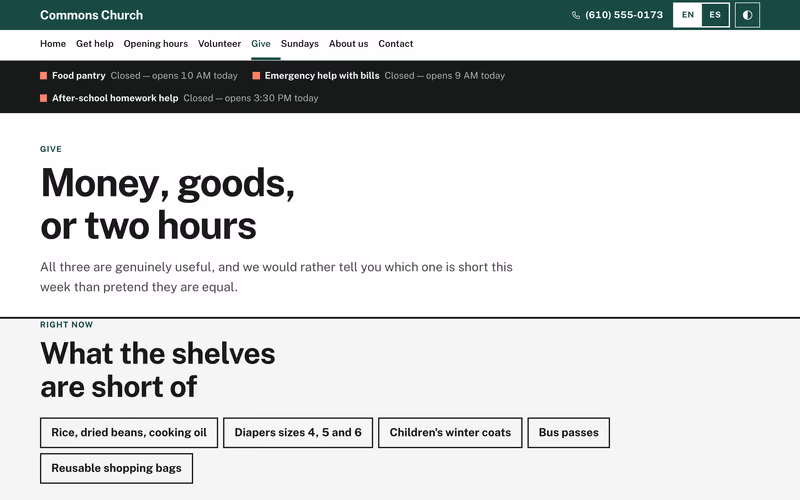 The “Give” page of the Commons template
