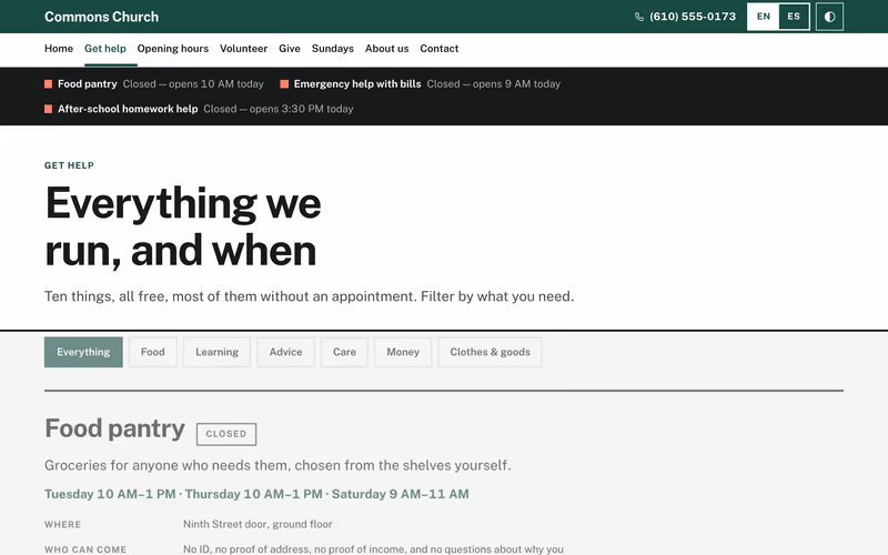 The “Get help” page of the Commons template