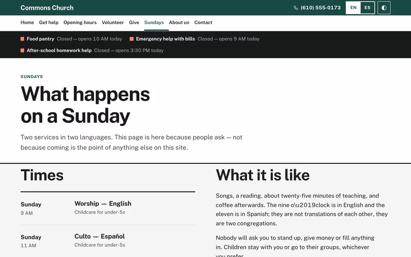 The “Sundays” page of the Commons template