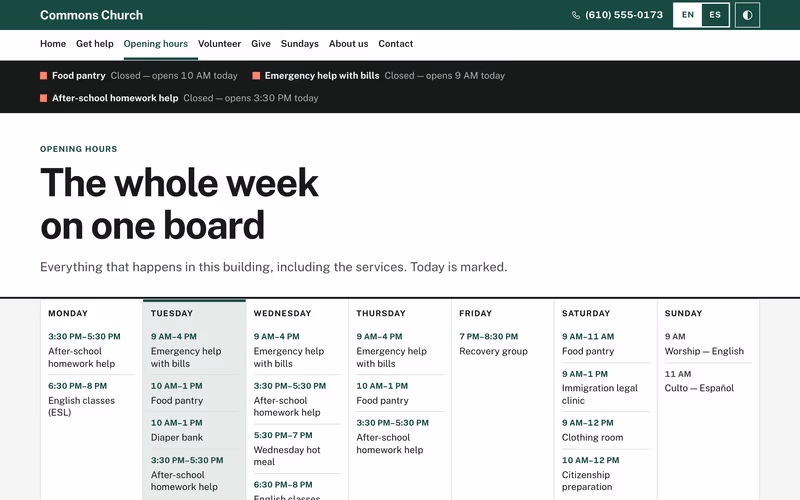 The “Opening hours” page of the Commons template