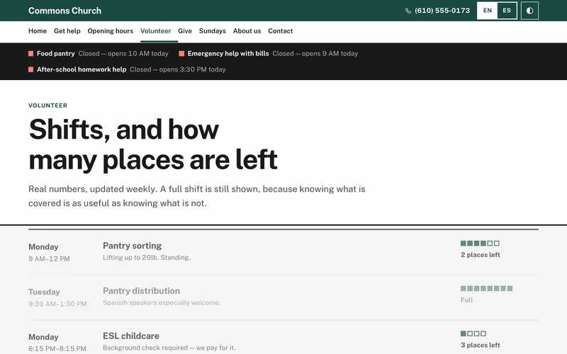 The “Volunteer” page of the Commons template