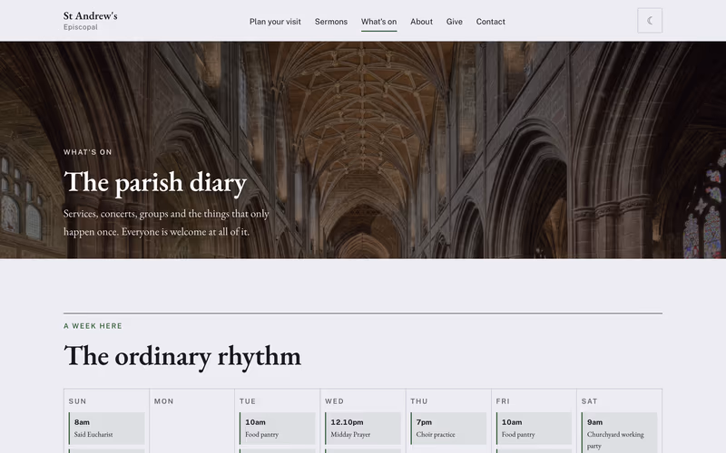 The “What's on” page of the Cornerstone template