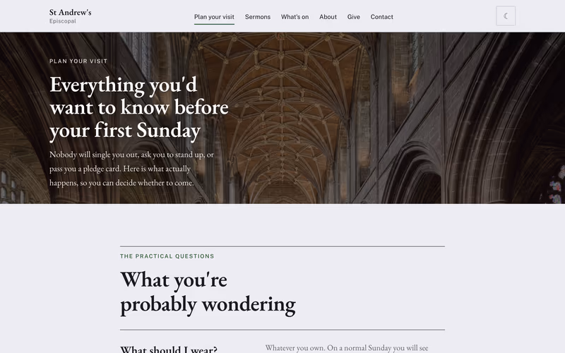 The “Plan your visit” page of the Cornerstone template
