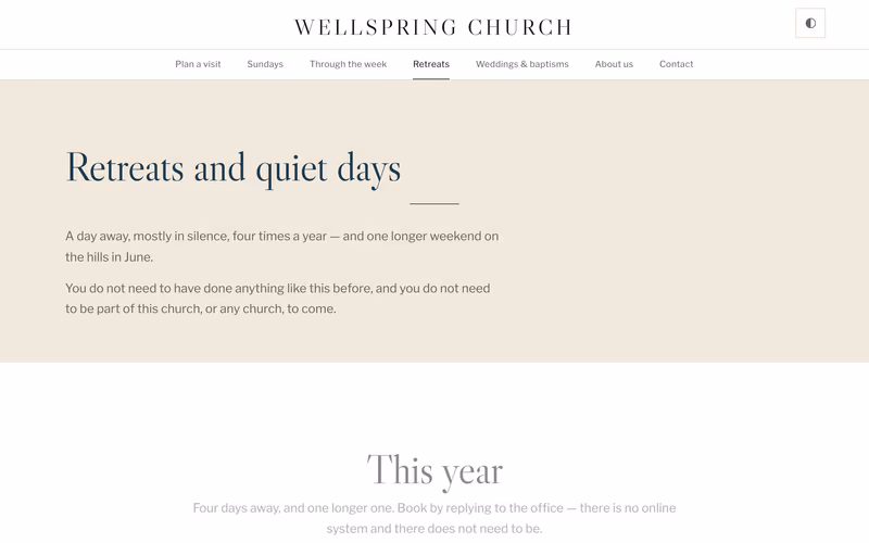 The “Retreats and quiet days” page of the Lantern template