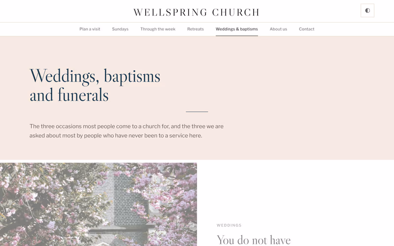 The “Weddings, baptisms and funerals” page of the Lantern template