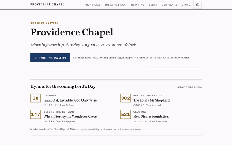 The “This Sunday's order of service” page of the Plainsong template