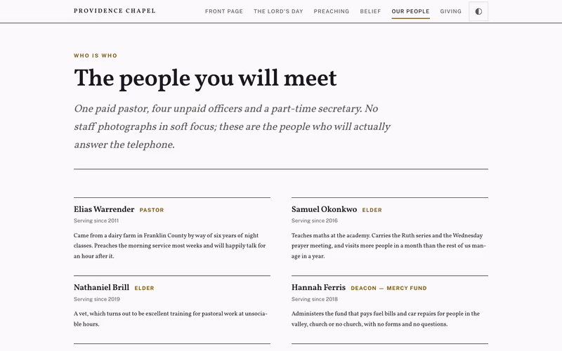 The “Our people” page of the Plainsong template