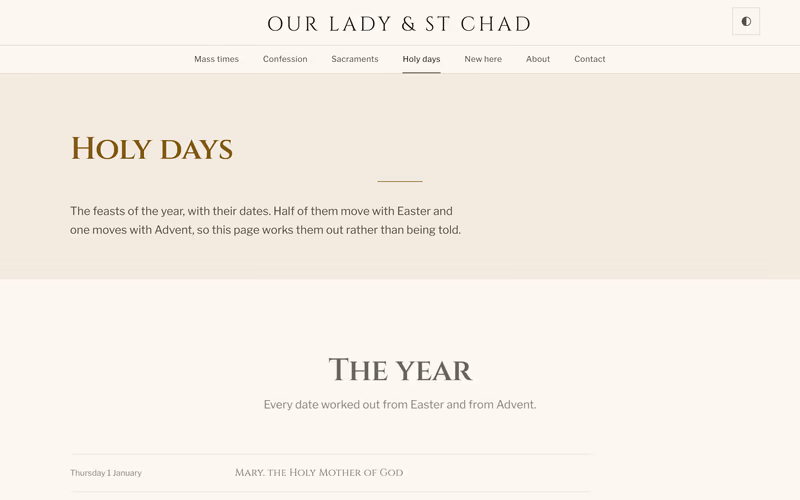 The “Holy days” page of the Sanctus template