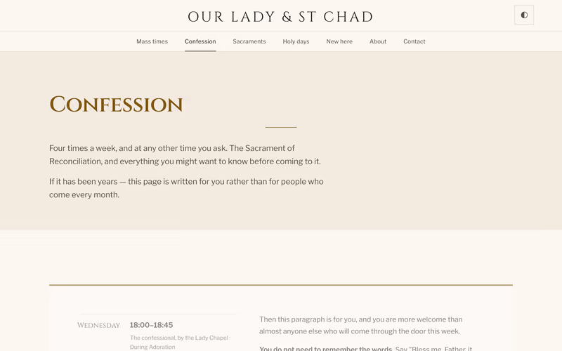 The “Confession times” page of the Sanctus template