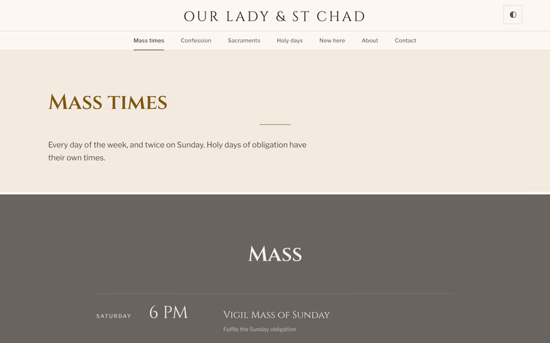 The “Mass times” page of the Sanctus template