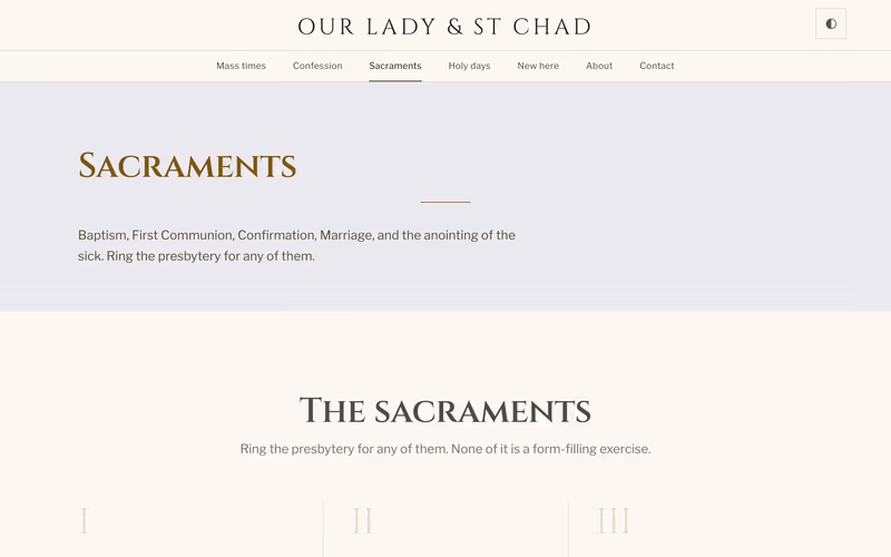 The “Sacraments” page of the Sanctus template