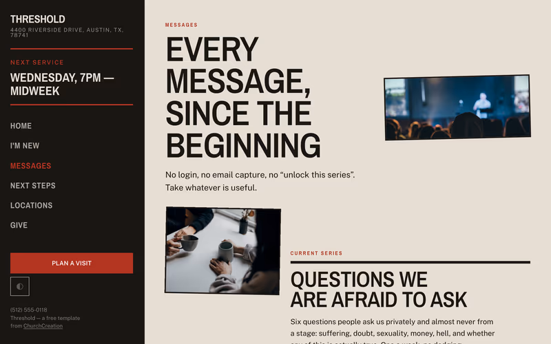 The “Messages” page of the Threshold template