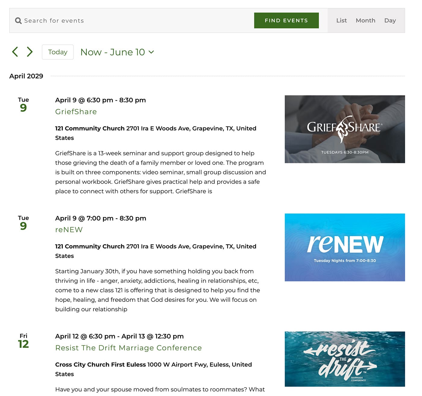 Church event calendar example