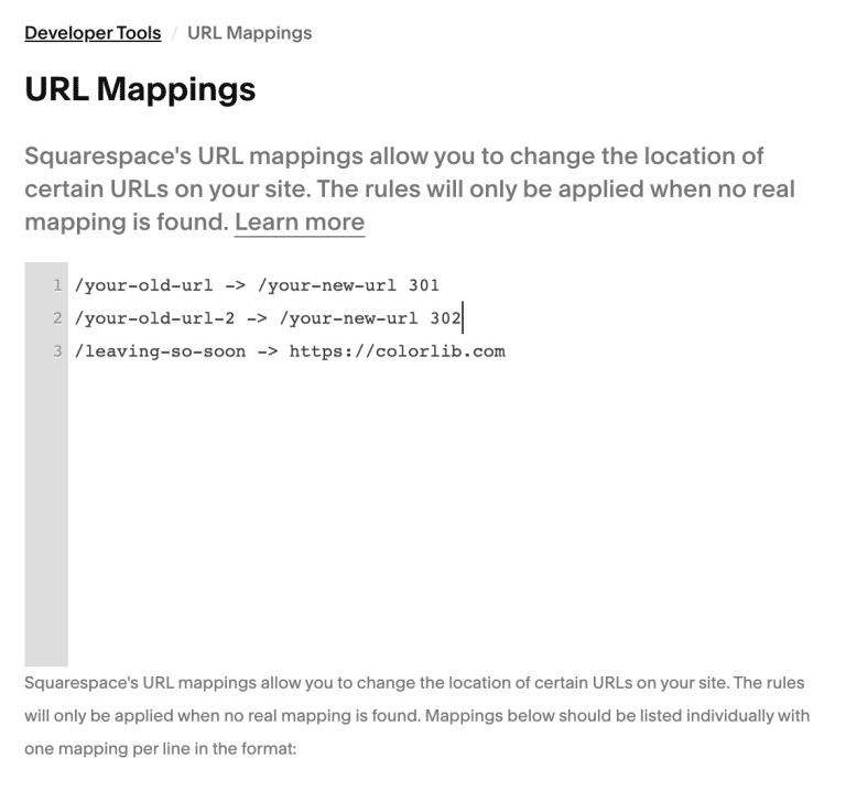 Squarespace’s URL Mappings panel, with three example redirect rules written one per line — two 301s and a 302 pointing at an external address