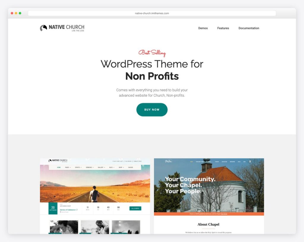 The Native Church WordPress theme's sales page, headed “Best Selling WordPress Theme for Non Profits”