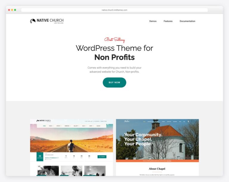The Native Church WordPress theme's sales page, headed “Best Selling WordPress Theme for Non Profits”