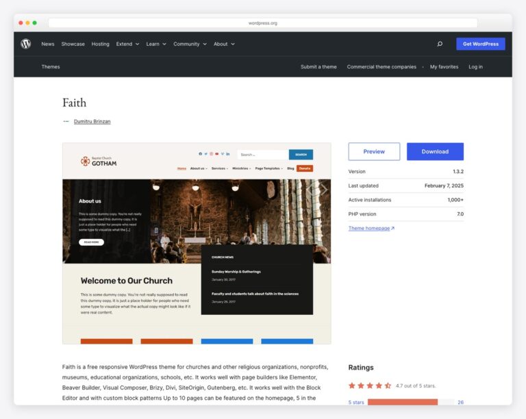 The Faith theme on the WordPress.org theme directory, with its preview, version details and download button