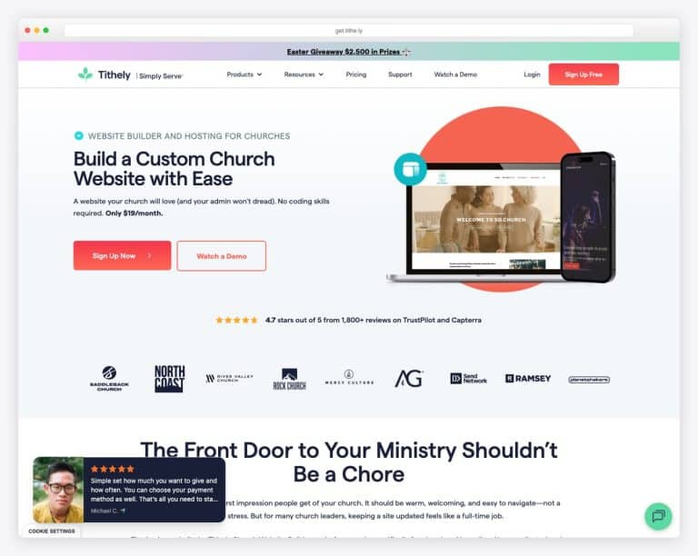 Tithe.ly Sites church website builder dashboard