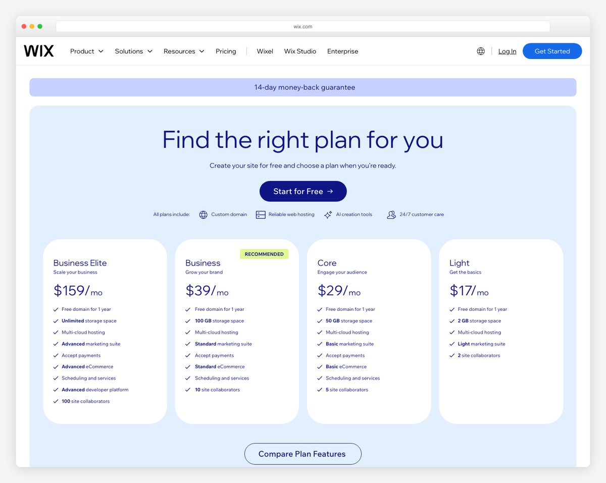 wix pricing screenshot