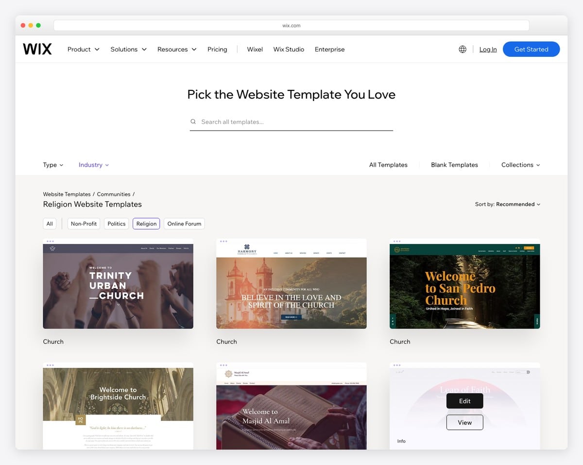 Wix church website templates and religion category