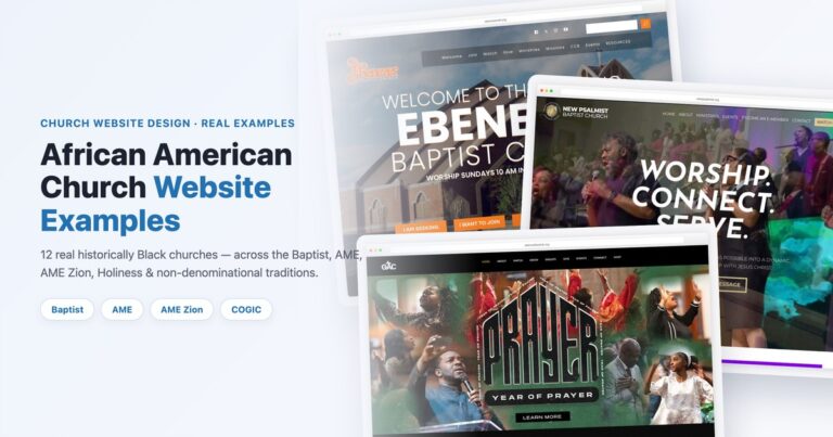 African American church website examples across Baptist, AME, AME Zion and non-denominational traditions