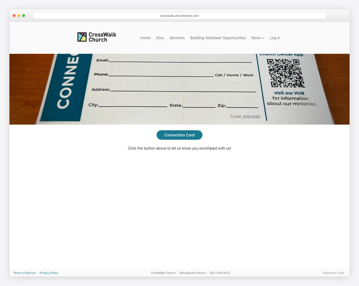 CrossWalk Church communication card with QR code