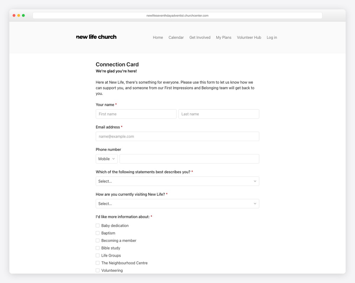 New Life Church connection card with status and interest checkboxes