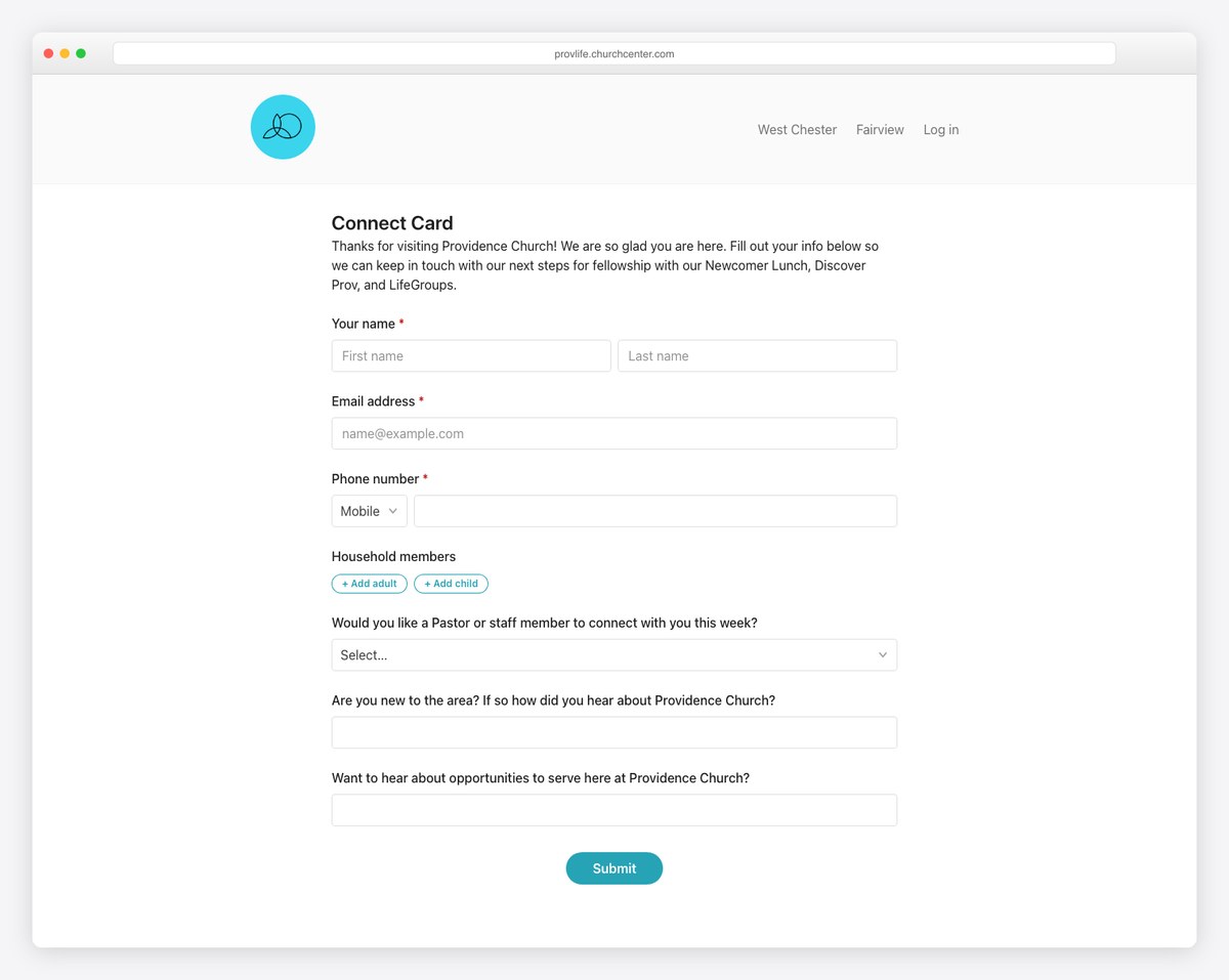 Providence Church connect card with next-step questions