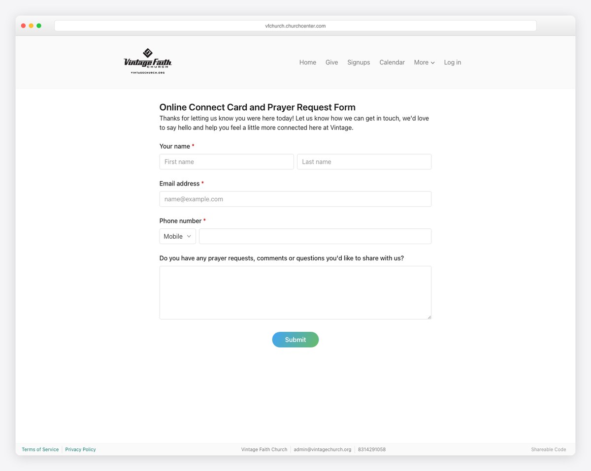 Vintage Faith Church online connect card and prayer request form