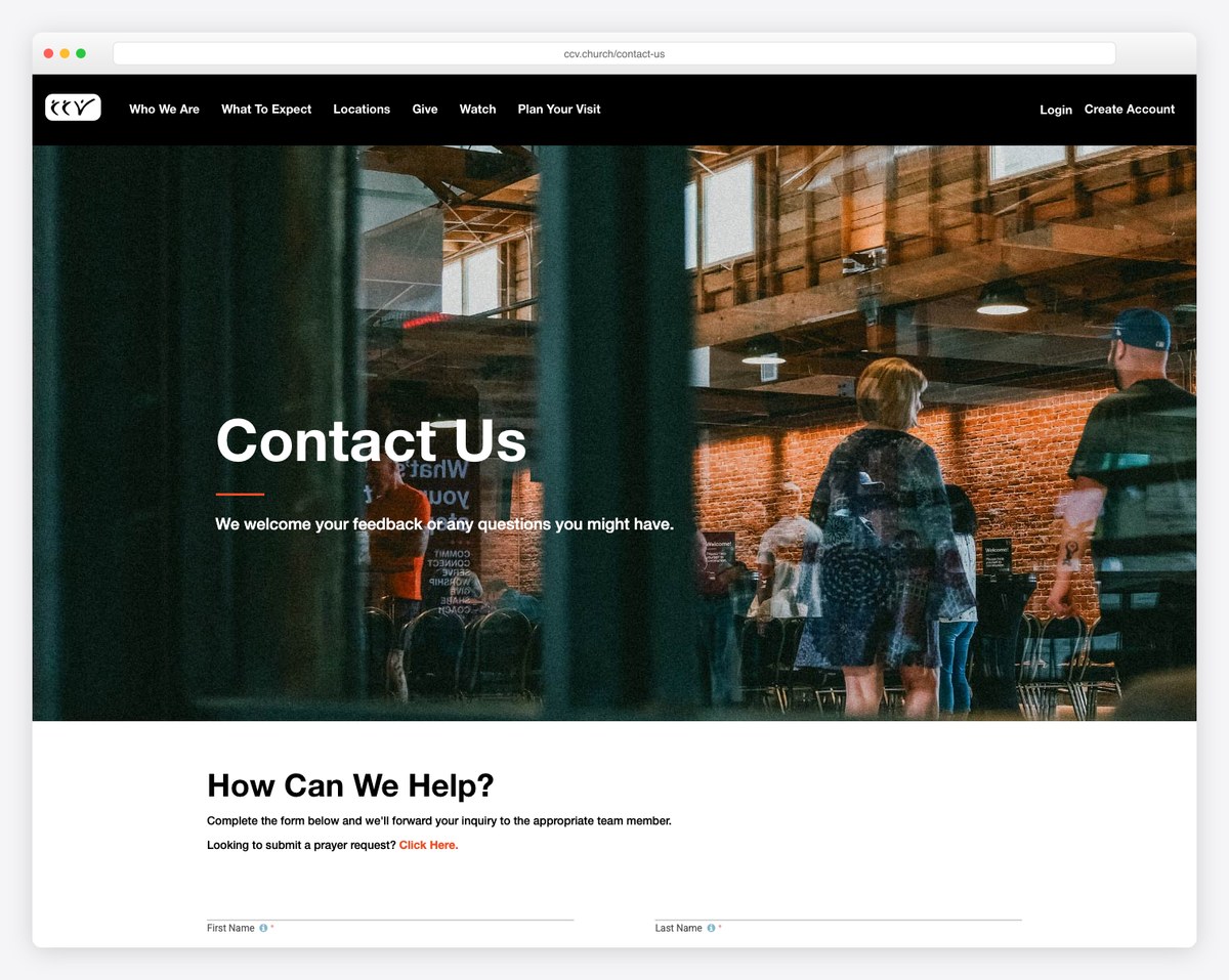 Christ's Church of the Valley contact page with a topic routing dropdown