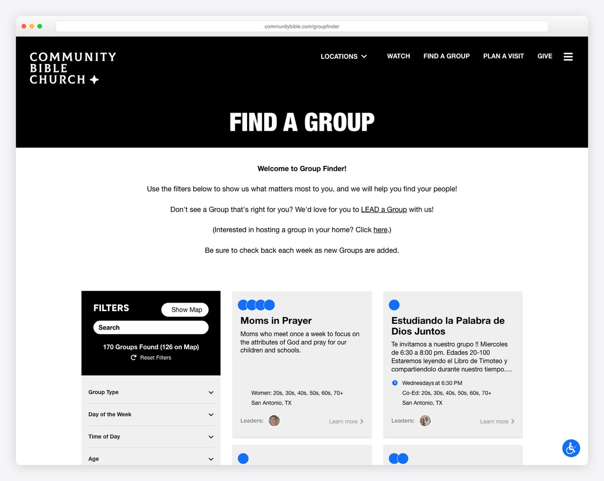 Community Bible Church group finder with filters and group cards