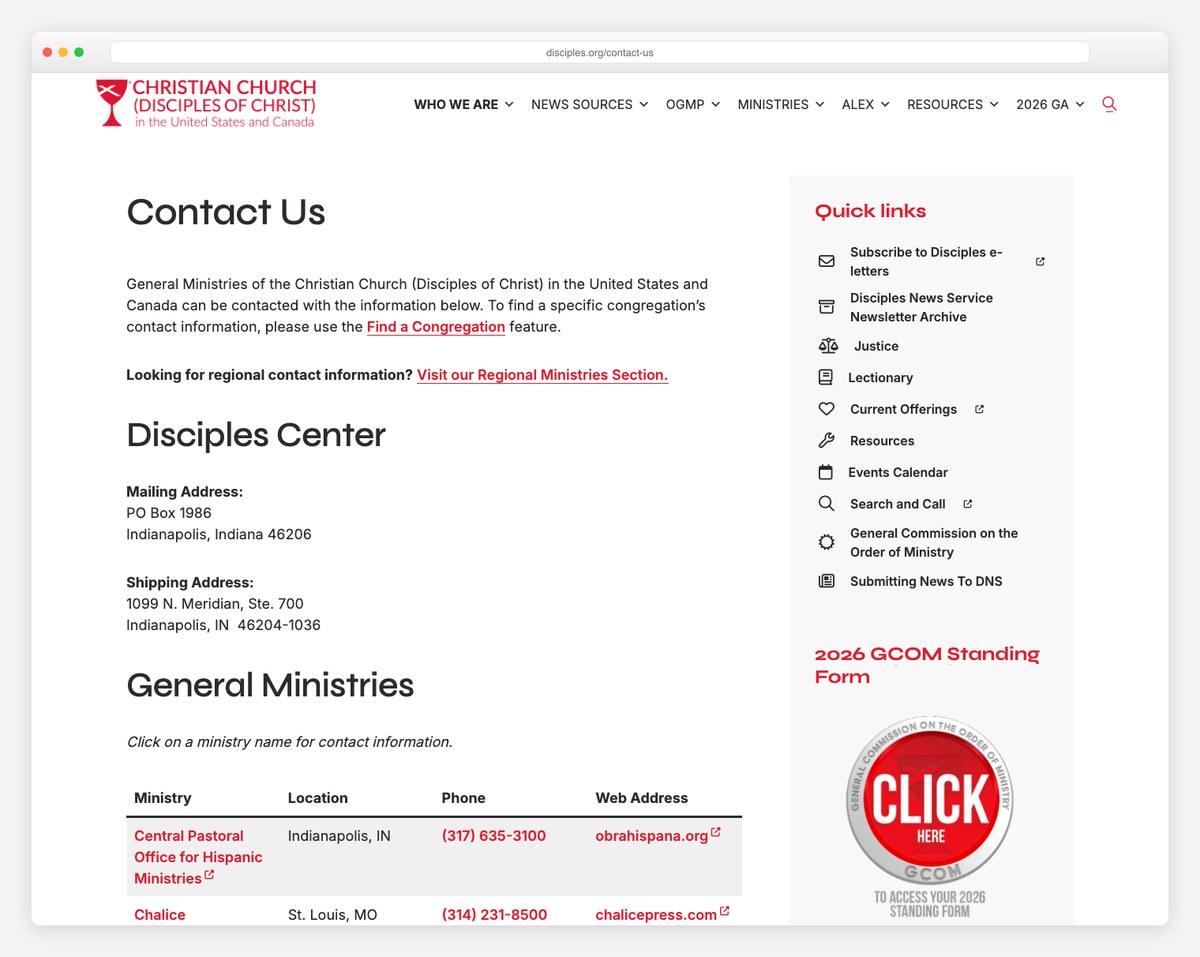 Disciples of Christ contact page with routing dropdown and staff directory