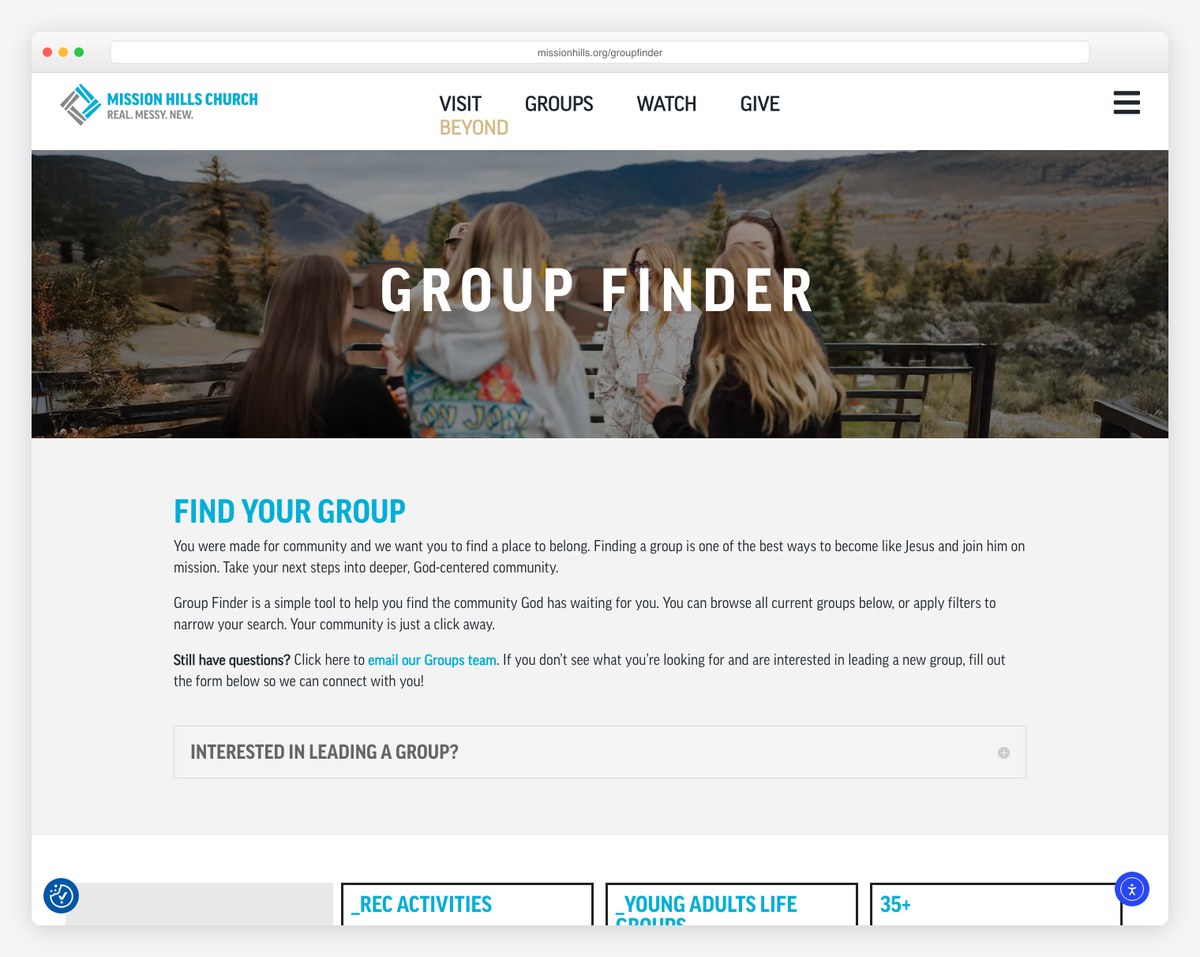 Mission Hills Church group finder — a filterable small groups directory