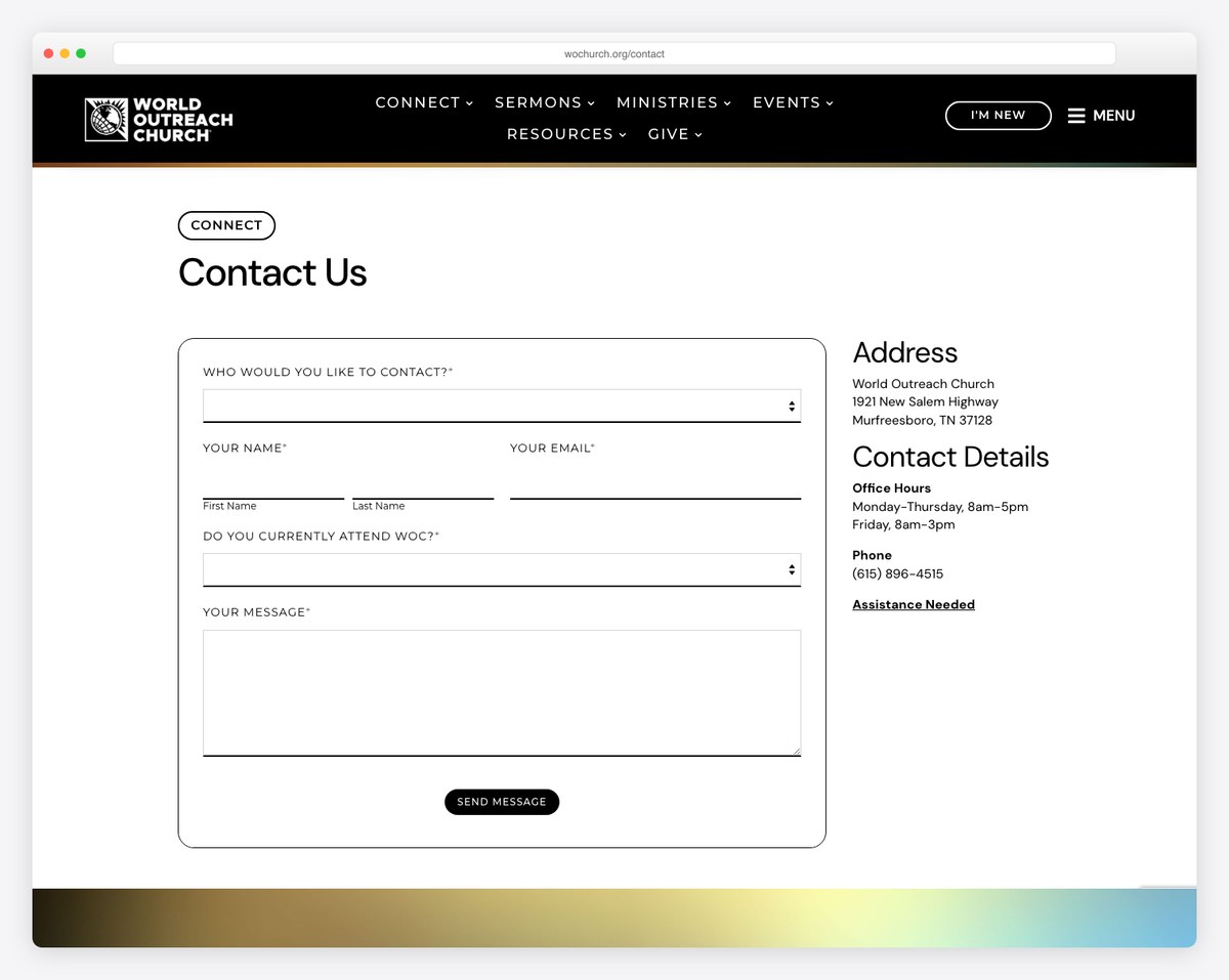 World Outreach Church contact page with a routing dropdown, address, hours and phone