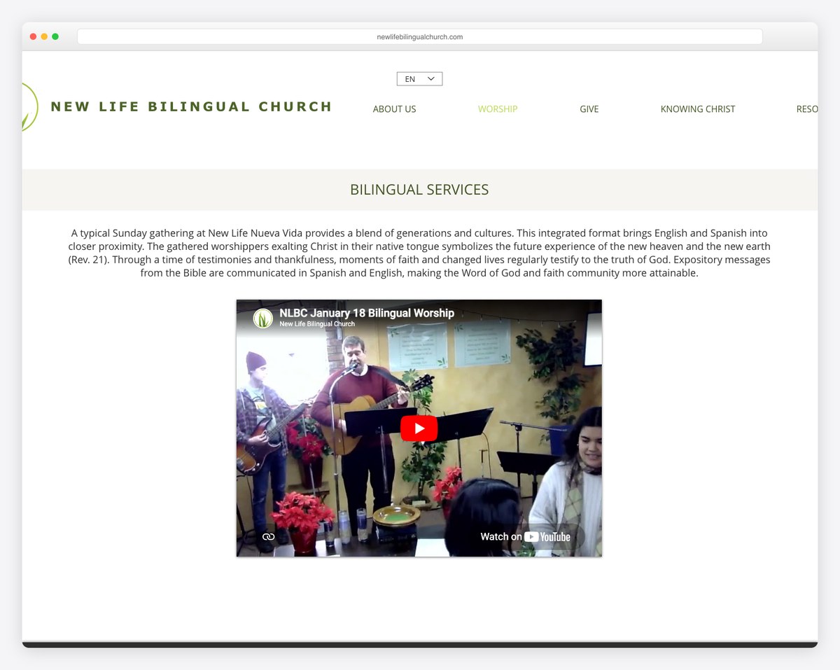 New Life Bilingual Church West Chicago website (fully bilingual)