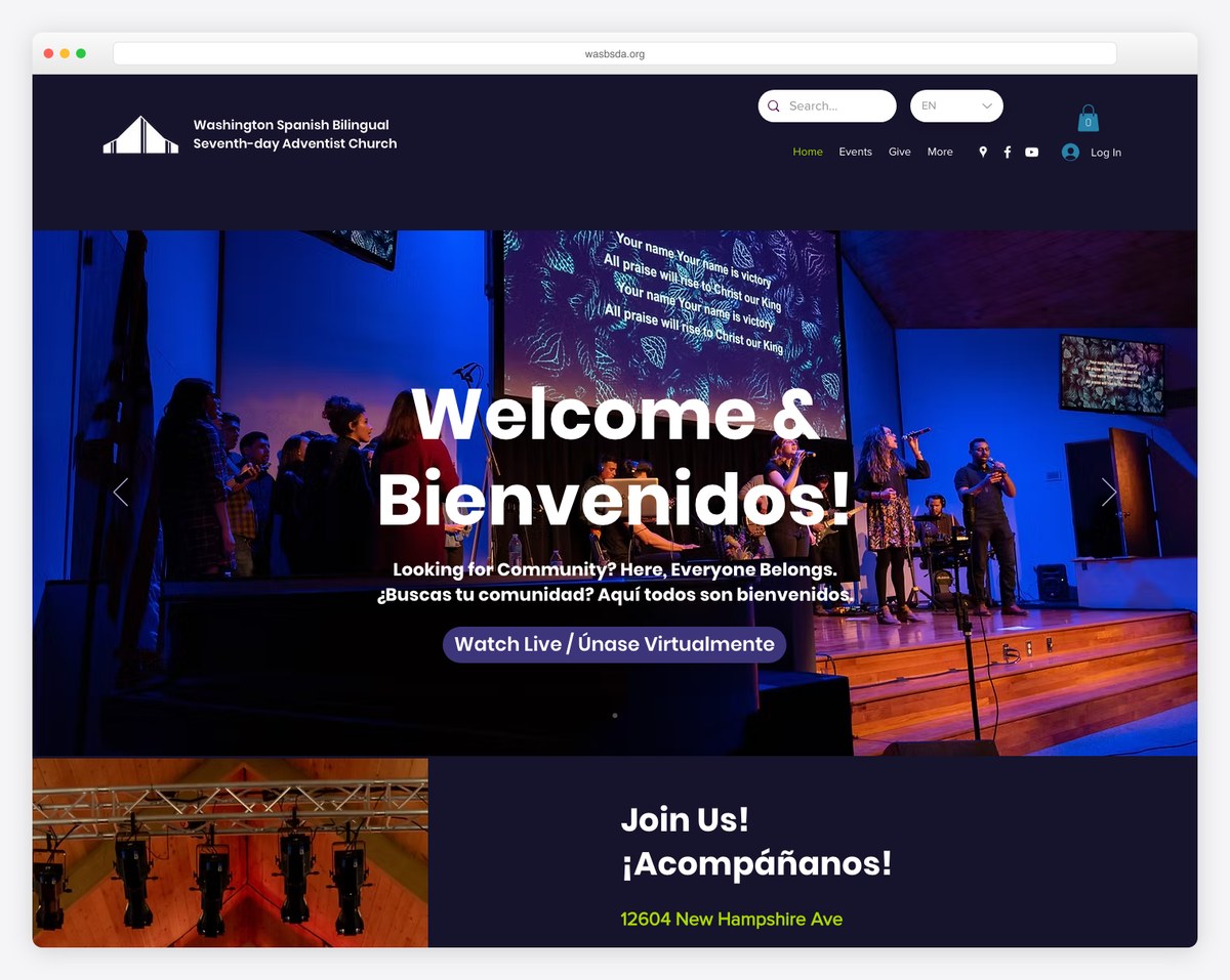 Washington Spanish Bilingual SDA Church website (side-by-side English/Spanish)
