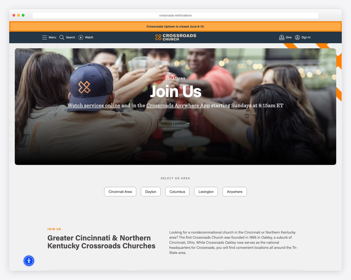 Crossroads Church locations page — region-grouped campus list with a digital campus
