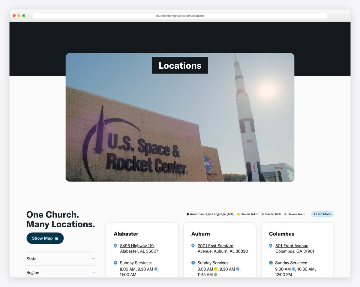 Church of the Highlands locations page — One Church, Many Locations map with State and Region filters and per-campus service times