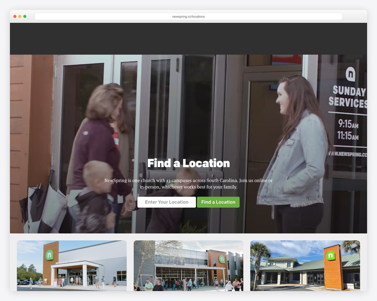 NewSpring Church Find a Location page — one church with 13 campuses across South Carolina, online or in person