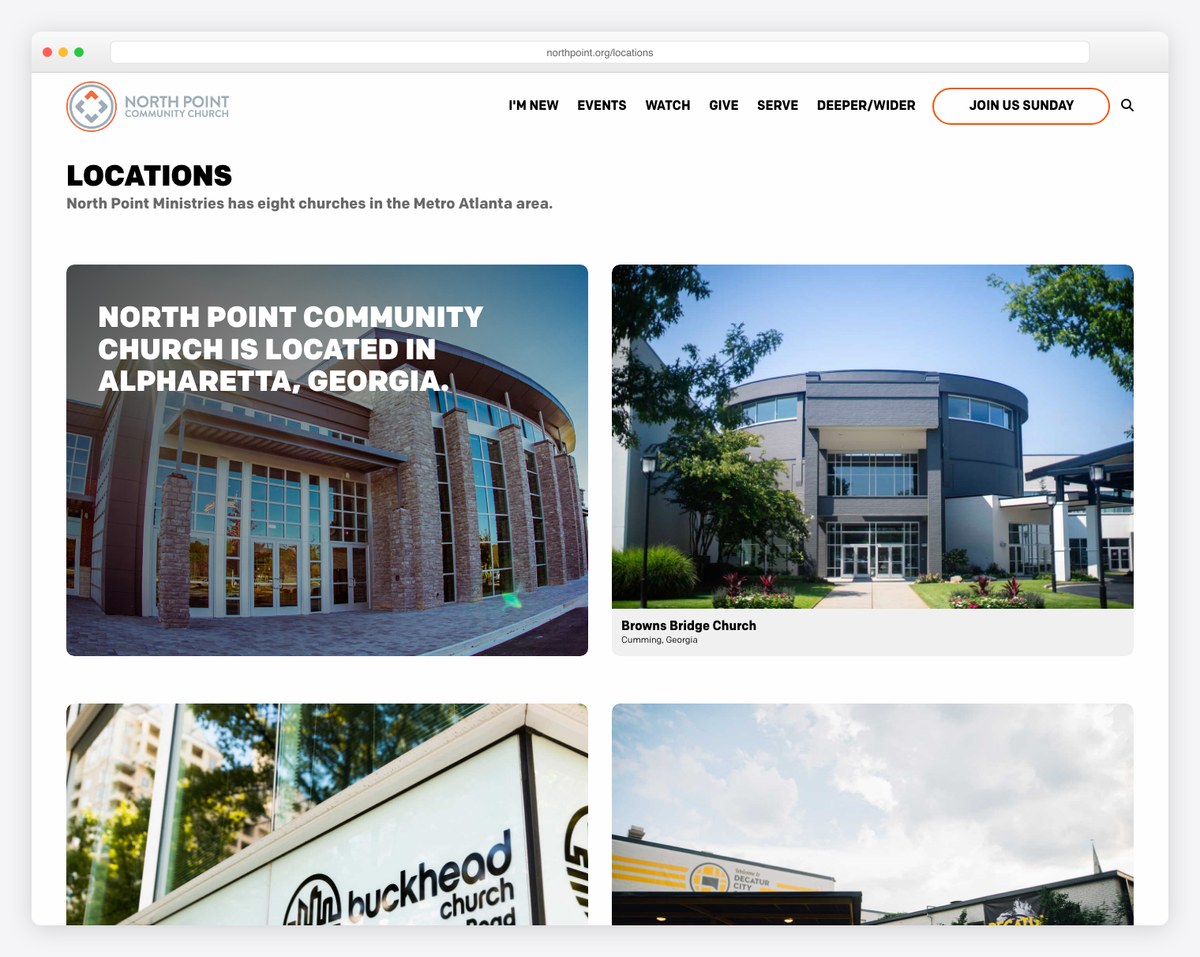 North Point Ministries locations page — eight separately branded churches in Metro Atlanta, the separate-sites multisite approach