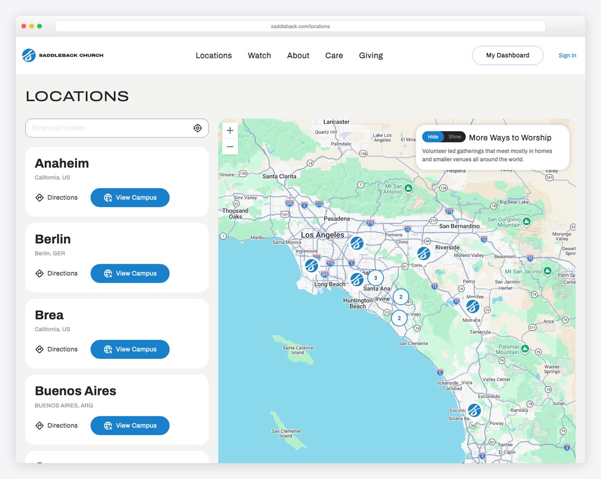 Saddleback Church locations page — unified multi-campus website with campus finder
